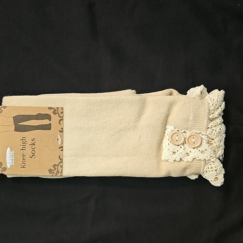 Cream Knee-High Socks with Lace Trim